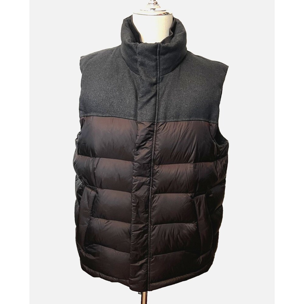 TUMI Men's XL Down Puffer Vest Insulated Packable Black Quilted Knit Collar Hike
